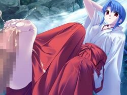 barefoot blue_hair censored cum cum_on_body cum_on_clothes cum_on_feet cum_on_lower_body feet footjob hakama hand_behind_head japanese_clothes miko penis red_eyes water waterfall wet