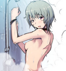 bracelet breasts bust choker collar copyright_request female green_hair grey_hair jewelry looking_at_viewer nipples nude painpa purple_eyes short_hair shower sideboob solo steam