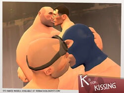 3d 4boys balaclava bald closed_eyes dreamandnightmare engineer engineer_(team_fortress_2) facial_hair facial_scar glasses goggles_on_forehead grey_eyes heavy_(team_fortress_2) heavy_weapons_guy holding_head human human_male human_only kissing male male_only mask medic medic_(team_fortress_2) nude shaved_head sloppy_kiss spy spy_(team_fortress_2) team_fortress_2 valve yaoi