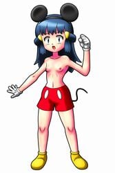 beige_skin big_head blue_eyes blue_hair blush breasts clothes color cosplay crossover dawn_(pokemon) disney fake_ears fake_tail female female_only fist footwear gloves hair human looking_at_viewer mickey_mouse mickey_mouse_(cosplay) nipples open_mouth pokemon rorretsim shoes shorts small_breasts solo standing topless white_background