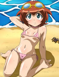 1girls beach beyblade bikini blush breasts brown_hair crab female goggles goggles_on_head human light-skinned_female light_skin looking_at_viewer madoka_amano metal_fight_beyblade presenting short_hair smile solo sweat swimsuit visible_pussy