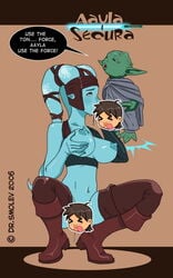 1boy 1girls aayla_secura censored drsmolev english_text female jedi male smolev star_wars text twi'lek yoda yoda's_species