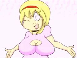 1girls animated big_breasts blonde_hair bouncing_breasts breasts cleavage female female_only huge_breasts human human_only lipstick looking_at_viewer nina_(sni) sanity_not_included solo spazkid wink