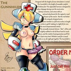 1girls areola blonde_hair breasts cinnamon_gaudille english female green_eyes long_hair mega_man mega_man_x nipples nude nurse nurse_cap radlionheart reploid robot robot_girl sex_toy small_breasts smiling solo standing strap-on tagme thighhighs uncensored