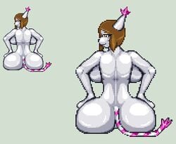 anthro ass back_view breasts casetermk color digimon digimon_adventure female female_only fur furry gatomon hikari_yagami looking_back nude pixel_art sitting solo tail tailmon toei_animation transformation