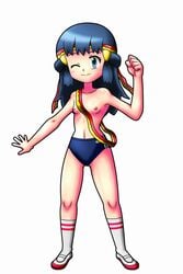 beige_skin big_head blue_eyes blue_hair blush breasts closed_mouth clothes color dawn_(pokemon) female female_only fist footwear hair headband human looking_at_viewer nipples pokemon rorretsim sash shoes small_breasts smile socks solo standing topless white_background wink