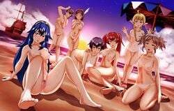 ass barefoot beach bikini_tan black_hair blonde_hair blue_eyes blue_hair blush boat breasts censored completely_nude completely_nude_female cynthia_(fire_emblem) female female_only fire_emblem fire_emblem_awakening grey_hair human imo_karubi kjelle_(fire_emblem) long_hair lucina_(fire_emblem) manakete morgan_(fire_emblem) morgan_(fire_emblem)_(female) multiple_girls nah_(fire_emblem) navel nintendo nipples noire_(fire_emblem) nude ocean one_piece_swimsuit_tan pussy red_hair sand sandals severa_(fire_emblem) short_hair smile spread_legs sunset tan tanline tied_hair twintails umbrella water