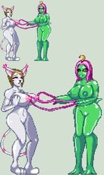 anthro barefoot breasts casetermk color digimon digimon_adventure female female_only fur furry gatomon hikari_yagami interspecies mimi_tachikawa multiple_females nipples nude palmon pixel_art standing tailmon toei_animation transformation vulva yuri