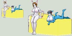 3_toes anthro barefoot bed blue_nipples blue_skin breasts brown_eyes brown_hair casetermk closed_mouth color daisuke_motomiya digimon digimon_adventure eyewear female female_only fur furry furry_breasts furry_ears furry_tail gatomon goggles grey_background hair hikari_yagami interspecies lying multiple_females nipples nude on_front open_eyes pink_nipples pixel_art pointy_ears rule_63 short_hair sitting tail tailmon toei_animation transformation veemon vulva white_fur white_skin