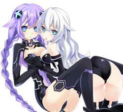 2girls aqua_eyes ass bare_shoulders between_legs black_heart black_legwear black_thighhighs blue_eyes blush bodysuit braid breasts cleavage cleavage_cutout cowgirl_position elbow_gloves female gloves hair_ornament hand_holding interlocked_fingers kneeling large_breasts legs legwear long_hair looking_at_viewer looking_back mikan_no_shiru multiple_girls navel neptune_(neptunia) neptunia_(series) noire open_mouth purple_hair purple_heart_(neptunia) shy silver_hair sitting strapless symbol-shaped_pupils symmetrical_docking thighhighs twin_braids very_long_hair white_hair yuri