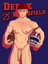 1boy abs amber_eyes american_football artist_name biceps circumcised derek_kingsfield exposed exposed_penis football football_(ball) football_helmet football_player gay jey jock_studio large_penis light-skinned_male looking_at_viewer male male_only muscular_male naked nipples pecs penis pubic_hair red_hair schlonganiza short_hair simple_background tattooed_arm yaoi