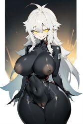 abdomen ai_generated big_breasts black_bodysuit friday_night_funkin friday_night_funkin_mod nipples nipples_visible_through_clothing pussy smiling smiling_at_viewer the_trollge_files trollge_gf_(fnf) white_fur white_hair yellow_eyes