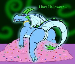 anus ass big_butt blue_body candy candy_corn danny_phantom dessert dragon english_text female feral food genitals ghost halloween holidays lollipop lying nickelodeon on_front pile princess_dorathea pussy scalie sharkinwaves simple_background solo spirit text