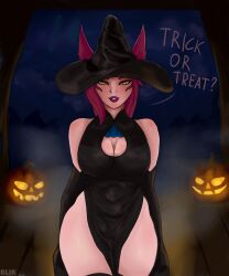 1girls animal_ears black_clothing black_dress black_hat blik_(artist) breasts dress female female_only fluffy fluffy_ears fog forest girl halloween holidays league_of_legends light-skinned_female light_skin lips long_gloves pierced_lip pierced_nose piercing piercings pink_hair pumpkin riot_games smile solo stockings trick_or_treat vastaya white_body white_skin wide_hips witch witch_hat xayah yellow_eyes