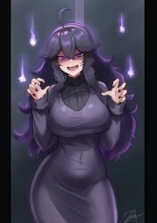 1boy big_breasts black_hair bow breasts busty child_bearing_hips clothed curvaceous curved_horn curves curvy curvy_female curvy_figure dark_clothing dark_hair female female_focus fluffy_hair fully_clothed hairbow hex_maniac hips hourglass_figure huge_breasts large_breasts looking_at_viewer pokemon purple_eyes thin_waist wide_hips zet_(twt_zet)