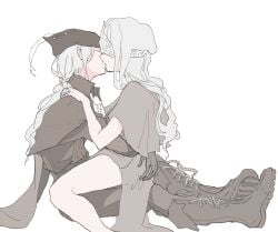 2girls absurdres blindfold blonde_hair bloodborne capelet cloak closed_eyes covered_eyes dark_souls dark_souls_3 dress female/female female_only fire_keeper fromsoftware grabbing grey_hair hair_ornament hair_ribbon hat_feather highres holding jewelry kissing lady_maria_of_the_astral_clocktower lesbian_kiss long_hair making_out mask multiple_girls necklace ribbon rognize white_hair yuri