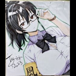 1girls 2d autograph big_breasts board breasts breasts_bigger_than_head chairman_(try) emotionless expressionless female female_focus female_only glasses huge_breasts kazama_ritsuko looking_at_viewer no_sex original photo ponytail school_uniform schoolgirl signature try try_(lsc)