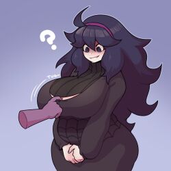 1girls ? alternate_breast_size big_breasts blush breasts_bigger_than_head clothed dabble disembodied_hand fully_clothed hairband hex_maniac huge_breasts long_hair open_mouth pokemon presenting pulling_clothing purple_eyes purple_hair simple_background smile standing thick_thighs