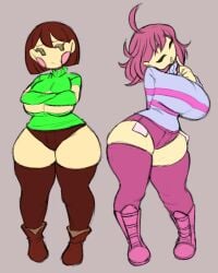 2girls 5hitzzzu big_breasts boombita boots breasts brown_hair brown_shorts chara clothed clothing duo female frisk funcu funculicious meatcuteshii pink_hair pink_shorts pinkbobatoo skiddioop stereodaddy thick_thighs thighhighs undertale undertale_(series)