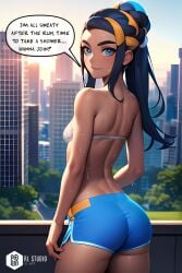 ai_generated ass athletic athletic_female belly_chain blue_eyes blue_streak bra breasts eyeshadow highlights_(coloring) jogging long_hair looking_at_viewer makeup medium_breasts nessa_(pokemon) nintendo pants pokemon pokemon_sm pokemon_trainer rlstudio stable_diffusion sweatrn1girls