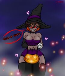 1girls curvy female female_focus female_only halloween halloween_costume halloween_theme huge_breasts minidress multicolored_hair oc original original_character pumpkin pumpkin_head sharp_teeth thick_legs thick_thighs thighhighs thighs trick_or_treat wide_hips witch witch_hat zirot