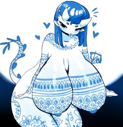 2023 arm_tattoo big_breasts blue_hair blue_markings blush breasts cherusdoodles chest_tattoo demon digital_media_(artwork) female hair heart horn huge_breasts humanoid leg_tattoo looking_at_viewer markings not_furry nude shaded signature simple_background smile solo tail tail_markings tampography tattoo white_body white_horn white_skin