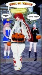 1boy 2girls amanwithnoplan ass big_ass bodypaint bridget delilah_(guilty_gear) flashing girly guilty_gear halloween huge_ass jack-o'_valentine male may_(guilty_gear) mooning painted_butt public_exposure red_hair solo