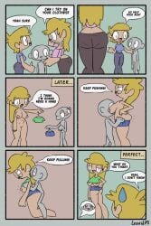 1boy 2girls anon aunt aunt_and_nephew big_ass blonde_hair comic comic_page dressing female getting_dressed helping helping_hand large_breasts lozzid75 male mother no_bra nude nude_female shorts small_clothes text text_bubble tight_clothing underboob you