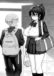 1boy 1girls 2d big_breasts breasts breasts_bigger_than_head chairman_(try) doujinshi emotionless expressionless eyeless_male female female_focus glasses high_school huge_breasts human kazama_ritsuko male male/female miniskirt monochrome no_sex no_visible_genitalia original ponytail school_uniform schoolgirl short_skirt skirt straight textless try try_(lsc) uncensored wristwatch