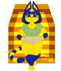 1girls animal_crossing ankha ankha_(animal_crossing) anthro big_breasts blue_body blue_hair curvy curvy_female curvy_figure feline female female female_only frown fur hands_on_hips large_breasts looking_at_viewer mashapotato nintendo short_hair shorts shortstack thick thick_thighs walking yellow_body yellow_fur yellow_skin