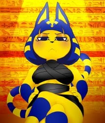 1girls animal_crossing ankha ankha_(animal_crossing) anthro big_breasts blue_body blue_hair cat_ears cat_tail curvy curvy_female curvy_figure ebony_silk egyptian egyptian_cat feline female female_only frown fur hands_on_hips large_breasts legs_crossed looking_at_viewer looking_down mashapotato nintendo short_hair shortstack sitting sitting_down striped_tail thick thick_thighs wide_hips wraps yellow_body yellow_fur yellow_skin