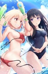 2girls amenosorashido bikini black_hair female_focus female_only inoue_takina lycoris_recoil multiple_girls nishikigi_chisato pink_hair red_bikini school_swimsuit swimsuit watergun