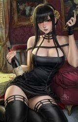 1girls assassin black_hair bottle breasts cleavage curvy dress female female_focus holding_bottle holding_object large_breasts long_hair panties sciamano240 solo spy_x_family stiletto_(weapon) thighhighs wine_bottle yor_briar yor_forger