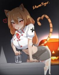 animal_ears crop_top daebom heart-shaped_pupils heart_shaped_tail horny_female kemonomimi looking_at_viewer saliva_drip sturmtiger tail tiger_ears tiger_girl tiger_tail tongue_out