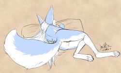 2023 anthro blokfort blue_body blue_fur canid canine female fennec fox fur hair kalta_(blokfort) lying mammal nude pillow simple_background sleeping solo white_body white_fur white_hair