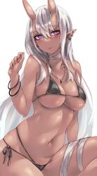 alexi_oekaki bikini blue_eyes blush breasts cleavage dark-skinned_female dark_skin female_only highres horns jewelry large_breasts long_hair oni oni_horns original solo swimsuit underboob white_hair