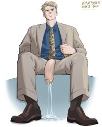 1boy 2023 aster_risk bara barazoku big_penis blonde_hair blue_shirt clothes clothing cum cum_drip cum_dripping_from_penis ejaculation flaccid flaccid_penis gay genital_fluids grey_clothing hi_res highres jujutsu_kaisen kento_nanami kinktober light-skinned_male light_skin looking_at_viewer male male_focus male_only manly muscular_male pants penis shies solo solo_focus solo_male suit suit_and_tie t-shirt tie yaoi