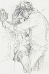 against_bookshelf artist_request book bookshelf female ginny_weasley harry_james_potter harry_potter library male monochrome side_view sketch straight tagme