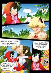 2boys bakugou_katsuki blonde_hair cherrypicmilk comic crossdressing crossdressing_male dialogue english_text forest gay gran_torino green_hair halloween imminent_sex izuku_midoriya katsuki_bakugou kitsune23star licking_lips licking_own_lips little_red_riding_hood little_red_riding_hood_(cosplay) male male/male male_only my_hero_academia public_domain pushed_down pushing_down speech_bubble torino_sorahiko wolf_boy wolf_ears yaoi