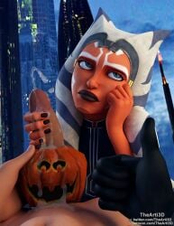 1boy 1girls 3d ahsoka_tano airress3d_(3d-modeller) alien alien_girl alien_humanoid anakin_skywalker annoyed bored clone_wars female handjob jack-o'-lantern jerking male orange_skin penis pumpkin ruined_orgasm star_wars the_clone_wars:_season_seven thearti3d togruta