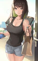 1girls backpack bag bare_shoulders black_hair black_tank_top blue_bra blue_nails bra bra_strap breasts brown_eyes cellphone_picture charm_(object) cleavage closed_mouth colored_inner_hair commentary delivery denim denim_shorts door door_handle doorway english_commentary female giving green_hair highres large_breasts miru_(ormille) mole mole_on_breast mole_on_thigh mole_under_eye multicolored_hair nail_polish original ormille paper_bag phone ribbed_tank_top shorts smile solo sweat tank_top uber_eats underwear