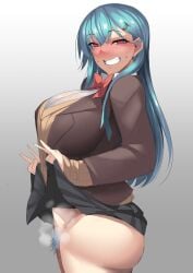 ass blue_hair bottomless bow bowtie breasts clenched_teeth clothes_lift empty_eyes female female_focus female_pubic_hair flashing gradient_background kantai_collection ky. large_breasts looking_at_viewer no_panties pubic_hair pussy red_eyes skirt skirt_lift smile solo steam steaming_body suit_jacket suzuya_(kantai_collection) sweatdrop teeth