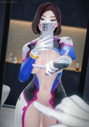 1girls 3d alternate_hairstyle aphy3d asian asian_female bathroom blizzard_entertainment cellphone d.va gloves hana_song hiding_pussy holding_phone le_sserafim mirror mirror_selfie one_finger_selfie_challenge overwatch overwatch_2 partially_clothed samsung samsung_galaxy_s21 solo_focus