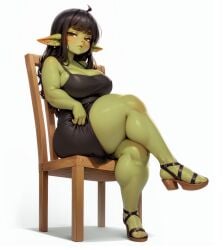 1girls ai_generated bare_legs black_dress black_hair chubby cleavage curvy goblin goblin_female goblinenthusiast green_skin legs legs_crossed sandals self_upload shortstack sitting sitting_on_chair solo thick_thighs white_background