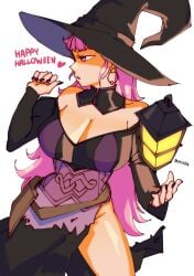 3amsoda alternate_costume alternate_hairstyle black_nails breasts cleavage cosplay female female_only fire_emblem fire_emblem:_three_houses fire_emblem_fates hair_down halloween halloween_costume hilda_valentine_goneril nail_polish nintendo painted_nails pink_eyes pink_hair solo witch witch_hat