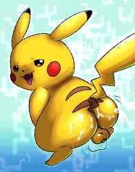 ass balls bodily_fluids cum cum_on_butt cumshot ejaculation fangs feral generation_1_pokemon genital_fluids genitals looking_back male male_only mincheeto nintendo pikachu pokemon pokemon_(species) saliva solo solo_male teeth tongue tongue_out twerking