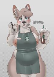 1girls 2023 2d anthro anthro_only apron apron_only barista blue_eyes blush breasts canid canine coffee color cup drink employee employee_uniform english_text female female_only fur furry furry_only hi_res holding_cup holding_drink holding_object iced_latte_with_breast_milk looking_at_viewer nipple_piercing nipples open_mouth original pierced_nipples piercing piercings secretcorgi secretcorgi_(character) solo solo_female standing starbucks text thick_thighs thighs wide_hips