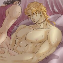 2boys anal black_hair black_hair_bottom blonde_hair blonde_hair_on_black_hair blonde_hair_top closed_eyes dio_brando domination gay jojo's_bizarre_adventure jotaro_kujo light_hair_on_dark_hair looking_pleasured male/male male_focus male_only muscles muscular_male pecs stardust_crusaders vampire vampire_boy yaoi