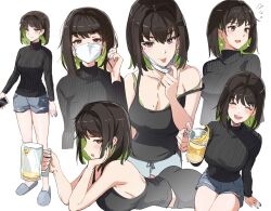 1girls :d alcohol ass beer beer_mug black_hair black_sweater black_tank_top blue_nails bob_cut bra bra_peek breasts brown_eyes cellphone closed_eyes closed_mouth colored_inner_hair commentary_request cracked_screen cup denim denim_shorts drinking drinking_glass earrings green_bra green_hair highres holding holding_phone jewelry large_breasts lying mask miru_(ormille) mole mole_on_breast mole_under_eye mouth_mask mug multicolored_hair multiple_views nail_polish necklace on_stomach open_mouth original ormille phone sandals short_hair short_shorts shorts sitting smartphone smile strap_slip surgical_mask sweater tank_top thighs torn_clothes torn_shorts turtleneck turtleneck_sweater underwear white_mask