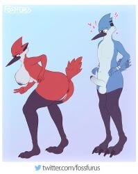 absurd_res anthro avian big_breasts bird breasts cartoon_network duo feathers feet female fossfurus genitals heart hi_res male male/female margaret_smith_(regular_show) mordecai_(regular_show) penis presenting pussy regular_show smile